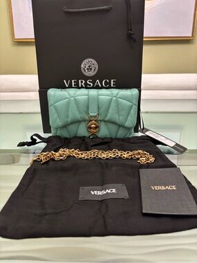 Authentic NEW Versace Kleio Mini Shoulder Bag in Mint Green with Gold Hardware